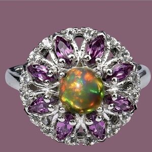 Natural Fire Opal‎ 6mm, Rhodolite & White Topaz 925 Sterling Silver Ring Sz 6.75
